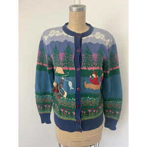 Susan Bristol Knitted Hand Embroidered Vintage 90s Women Cardigan Sweater Size S